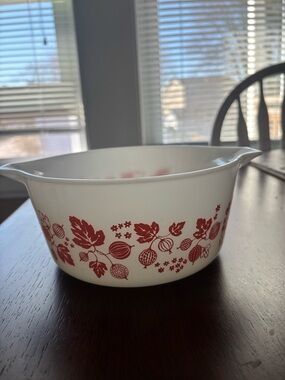 Pristine Pyrex White Mixing Bowl with Pink Gooseberry Motif